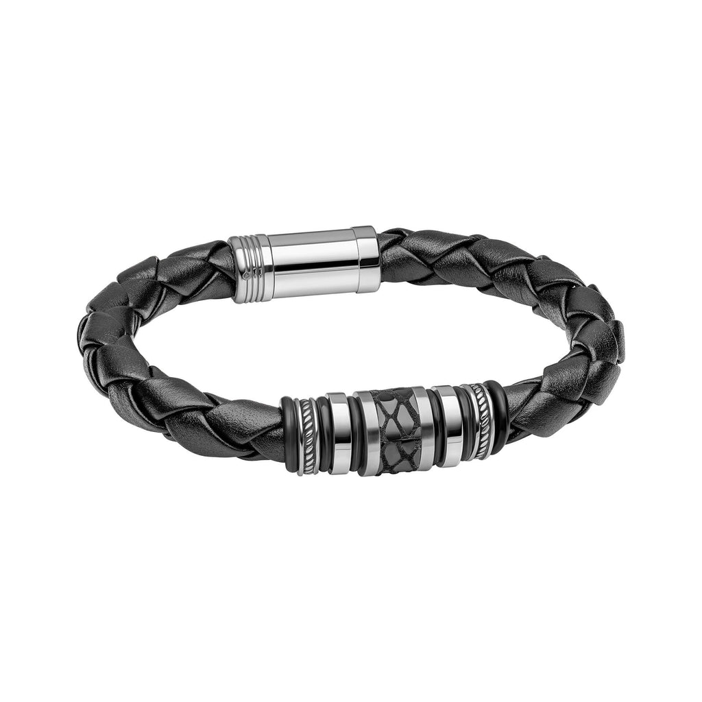 Fred Bennett Black Leather and Stainless Steel Centrepiece Bracelet-0