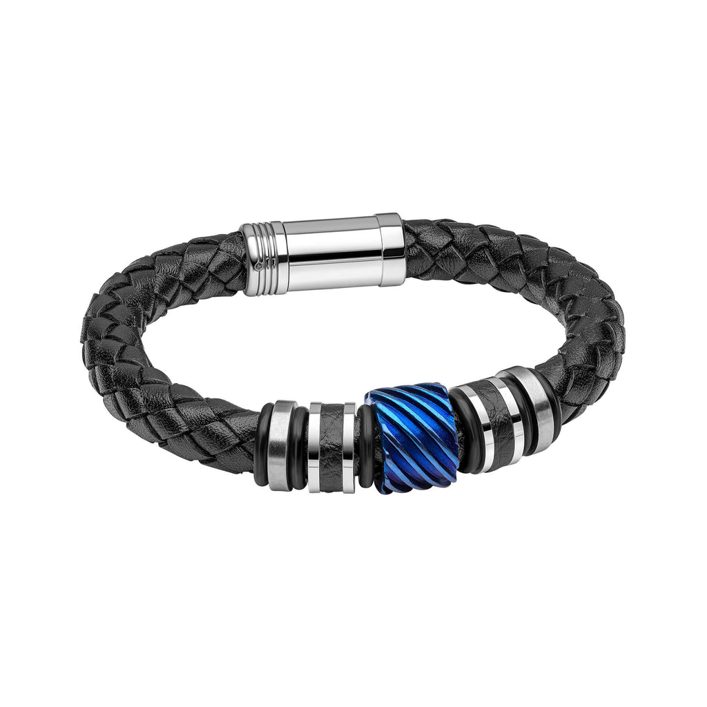 Fred Bennett Black Leather Bracelet with Blue Steel Accent-0
