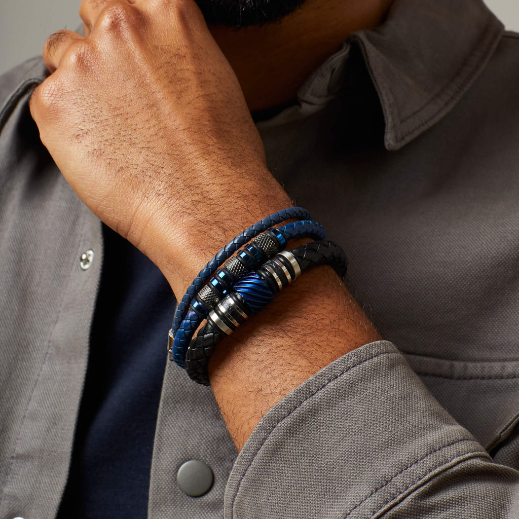 Fred Bennett Black Leather Bracelet with Blue Steel Accent-1