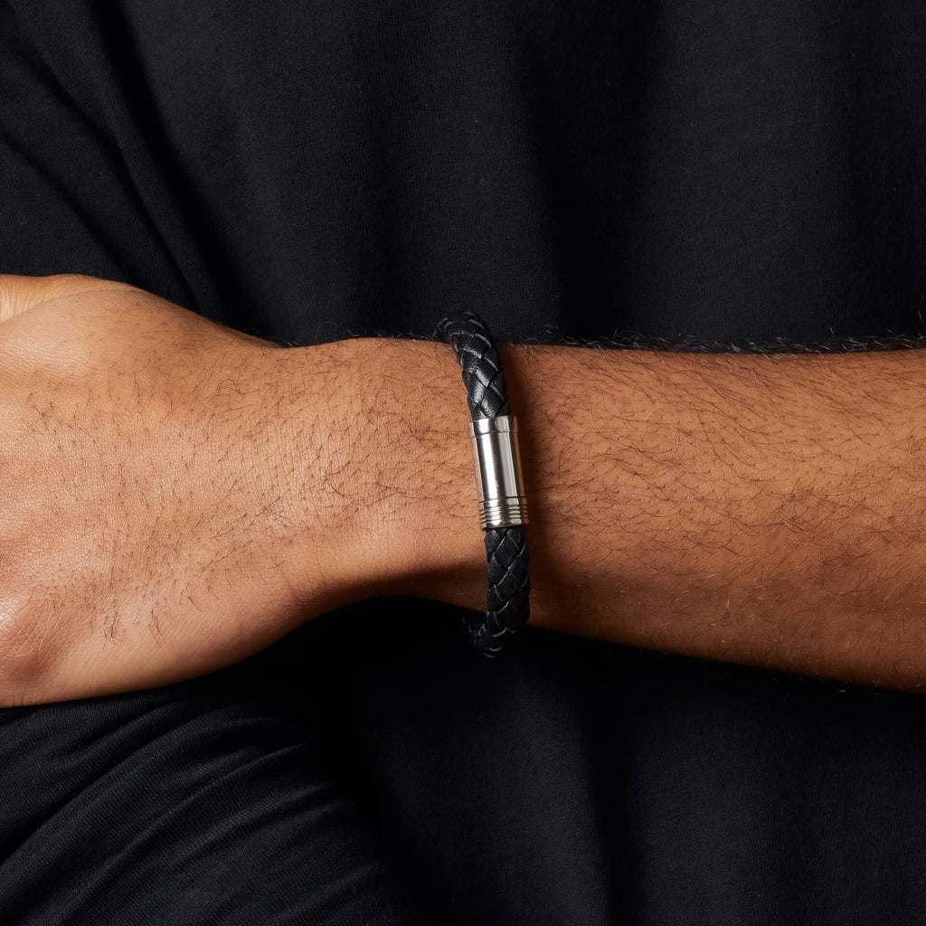 Fred Bennett Black Leather Bracelet with Blue Steel Accent-3