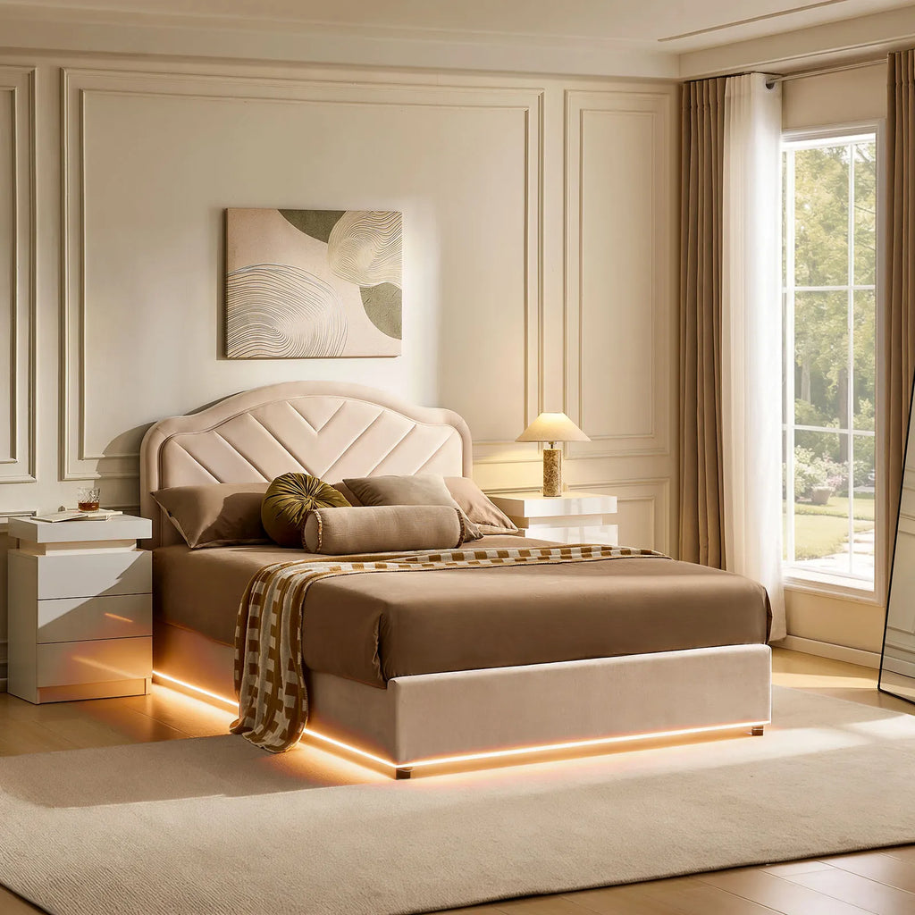 Luniva Cream LED Ottoman Storage Bed