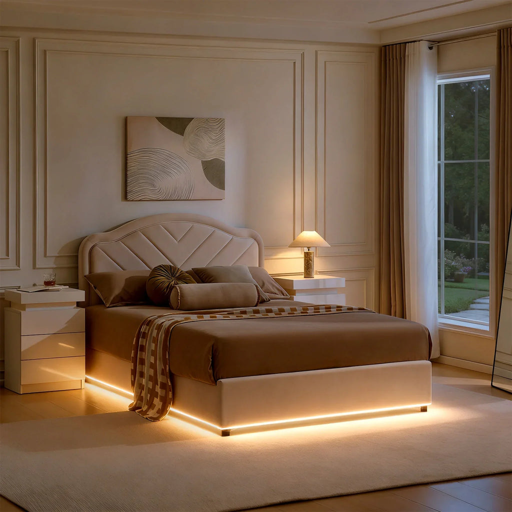 Luniva Cream LED Ottoman Storage Bed