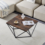 Wooden coffee table with a magazine and cup in a living room setting