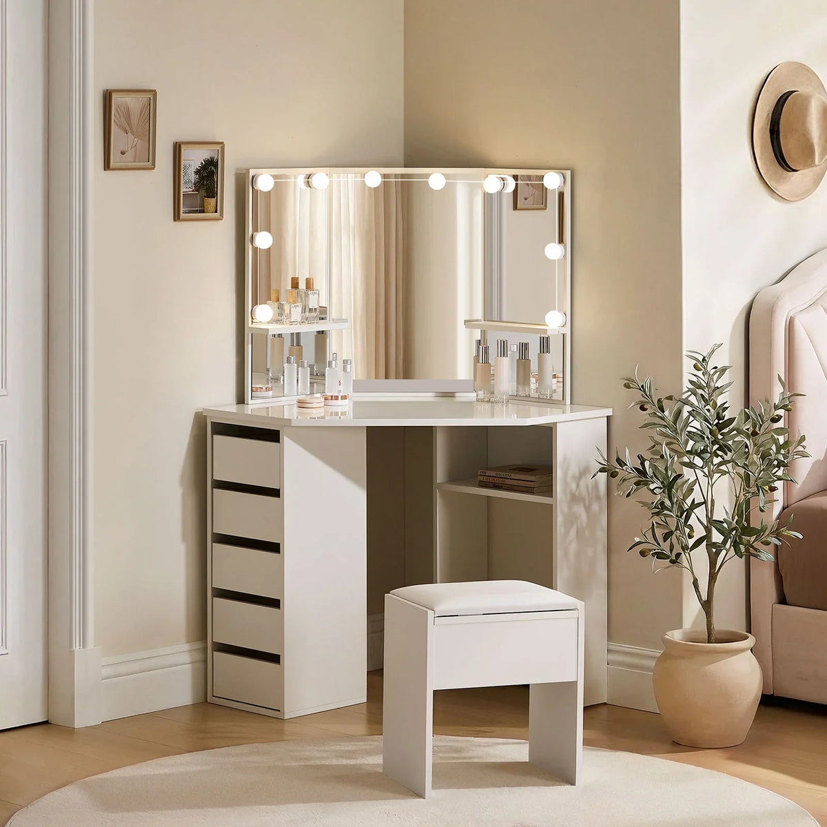 Roze LED Corner Dressing Table Set