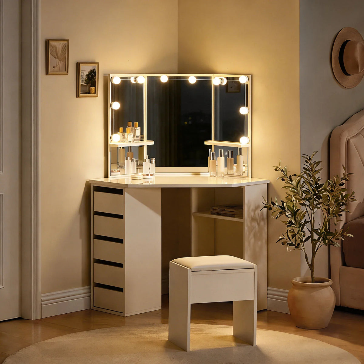Roze LED Corner Dressing Table Set