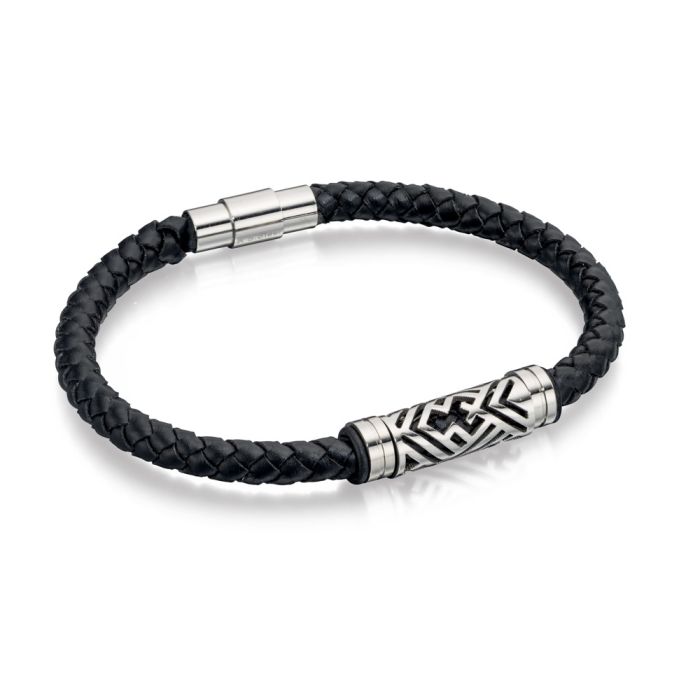 Fred Bennett Black Plaited Leather Bracelet with Steel Section-0