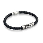Fred Bennett Black Plaited Leather Bracelet with Steel Section-0