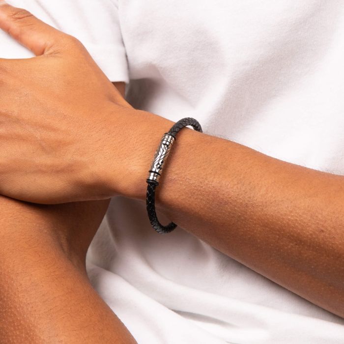 Fred Bennett Black Plaited Leather Bracelet with Steel Section-1