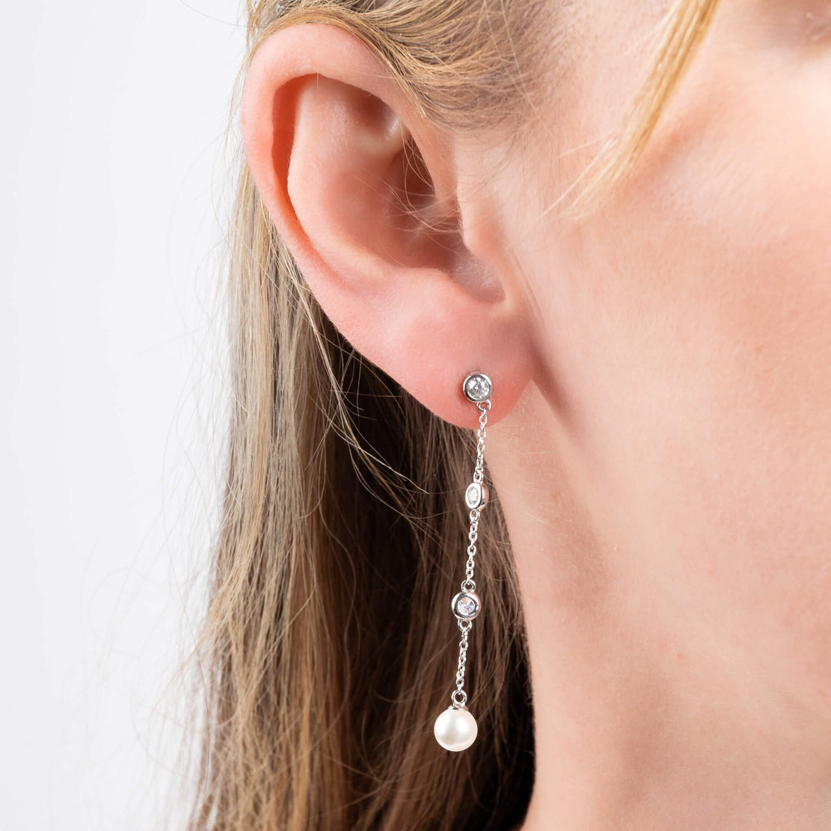 Diamonfire Zirconia and Shell Pearl Chain Drop Earrings-1
